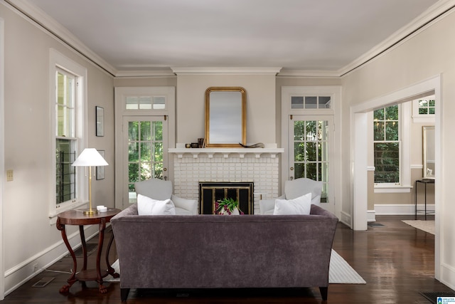 1479 Milner Cres S, Birmingham, AL 35205 - living room with a fireplace, crown molding, baseboards, and dark wood-type flooring