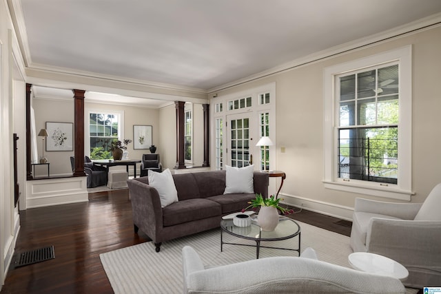1479 Milner Cres S, Birmingham, AL 35205 - living room with decorative columns, crown molding, dark wood-style flooring, and baseboards