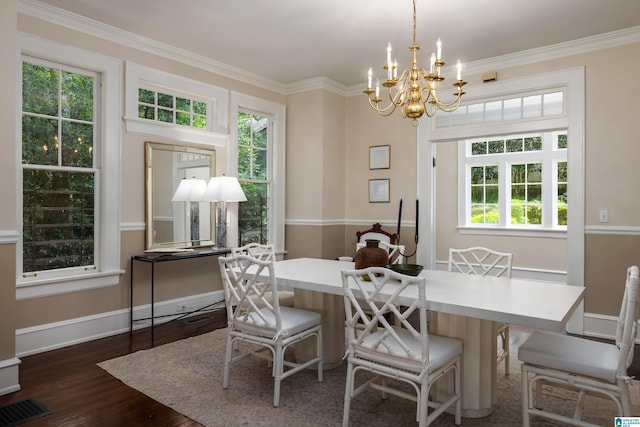 1479 Milner Cres S, Birmingham, AL 35205 - dining room featuring a chandelier, dark wood-style floors, healthy amount of natural light, baseboards, and ornamental molding