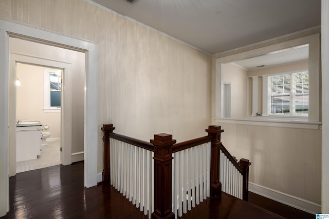 1479 Milner Cres S, Birmingham, AL 35205 - hall featuring an upstairs landing, wood finished floors, crown molding, and baseboards
