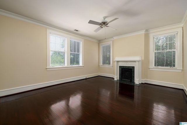 1479 Milner Cres S, Birmingham, AL 35205 - unfurnished living room with dark wood-type flooring, baseboards, ornamental molding, and a ceiling fan