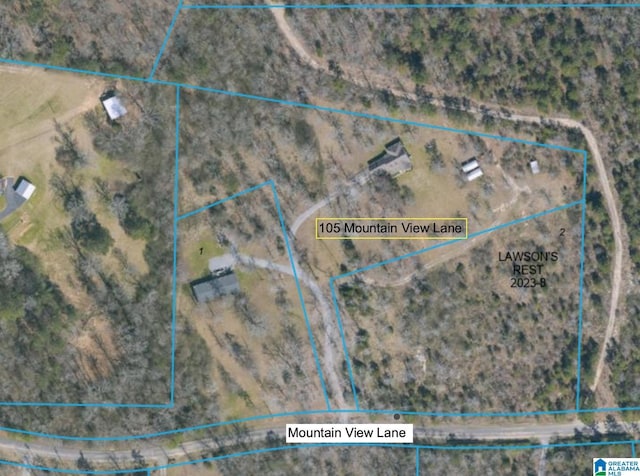 105 Mountain View Ln, Springville, AL 35146 - aerial map of property and surrounding area with property boundaries highlighted