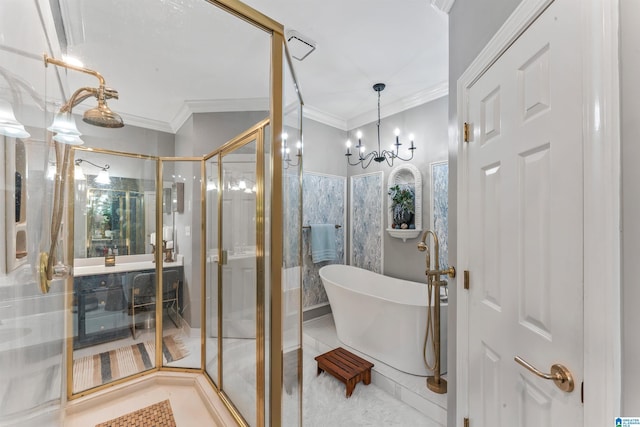 135 Weatherly Way, Pelham, AL 35124 - bathroom featuring ornamental molding, a stall shower, a soaking tub, a chandelier, and tile patterned flooring