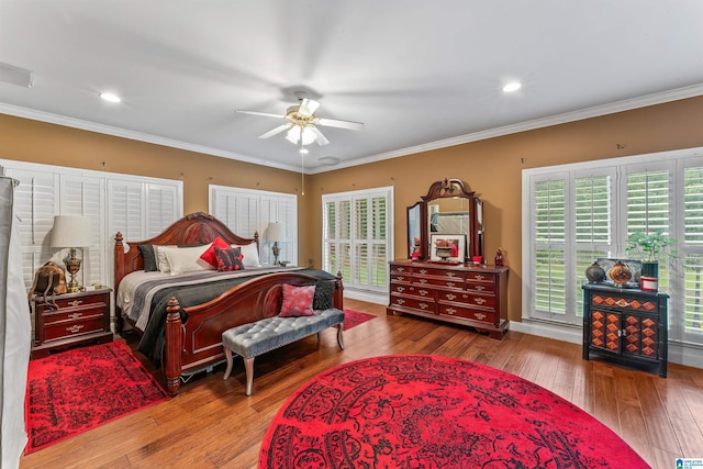 135 Weatherly Way, Pelham, AL 35124 - bedroom featuring wood-type flooring, ornamental molding, a ceiling fan, and recessed lighting