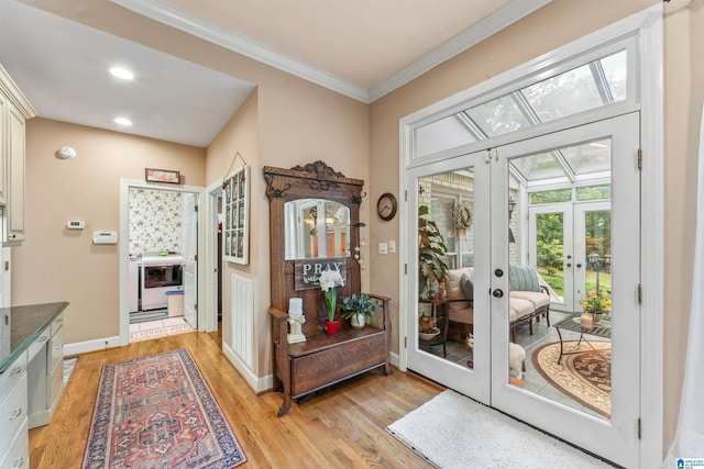 135 Weatherly Way, Pelham, AL 35124 - doorway to outside with french doors, light wood-style floors, ornamental molding, recessed lighting, and baseboards