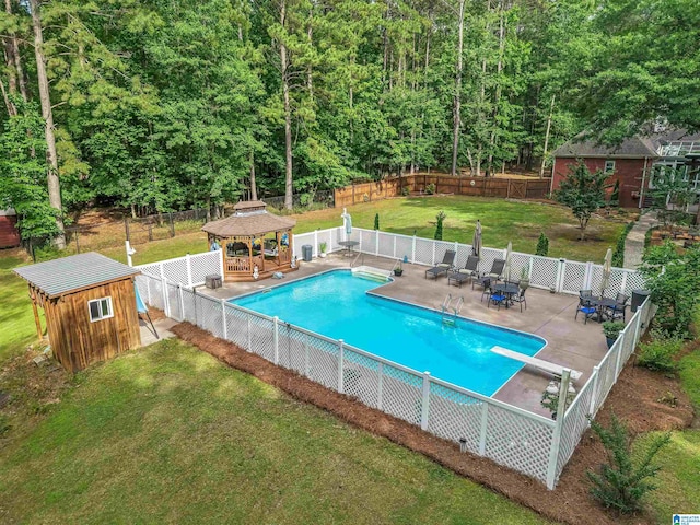 135 Weatherly Way, Pelham, AL 35124 - view of swimming pool with a gazebo, a diving board, an outdoor structure, a shed, and a patio area