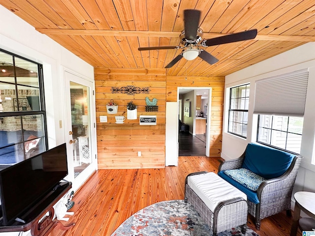 3455 Self Creek Rd, Warrior, AL 35180 - living area featuring wood ceiling, hardwood / wood-style flooring, wooden walls, and ceiling fan