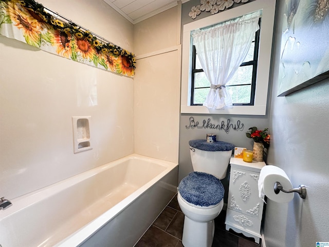 3455 Self Creek Rd, Warrior, AL 35180 - bathroom featuring toilet, tile patterned flooring, shower / bathtub combination, crown molding, and baseboards