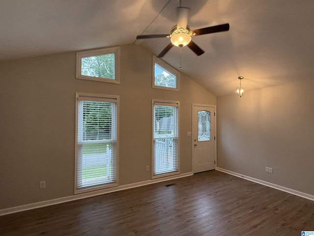 1118 Eagle Dr, Maylene, AL 35114 - foyer entrance with baseboards, high vaulted ceiling, dark wood-style floors, and a ceiling fan