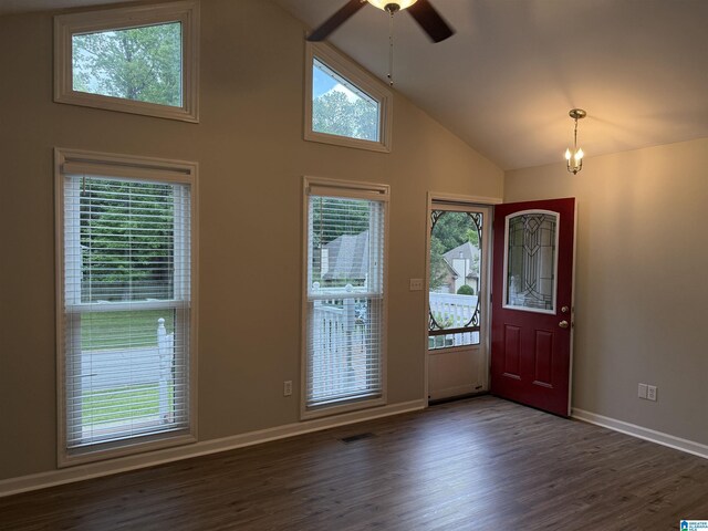 1118 Eagle Dr, Maylene, AL 35114 - foyer featuring high vaulted ceiling, baseboards, wood finished floors, a ceiling fan, and a chandelier
