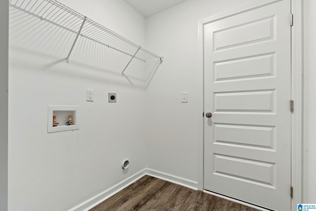 laundry room with electric dryer hookup, washer hookup, dark wood-style flooring, and baseboards