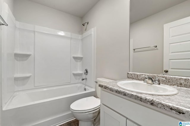 full bathroom with toilet, vanity, bathtub / shower combination, and wood finished floors