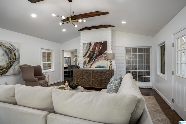 3317 Overton Rd, Mountain Brook, AL 35223 - living area with lofted ceiling, a chandelier, dark wood finished floors, baseboards, and recessed lighting