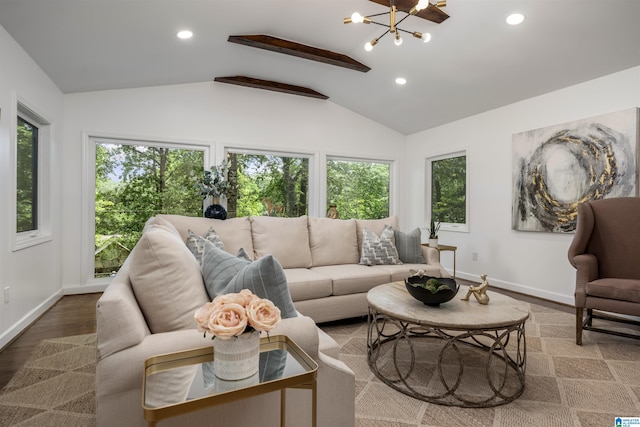 3317 Overton Rd, Mountain Brook, AL 35223 - living room with healthy amount of natural light, vaulted ceiling, a chandelier, recessed lighting, and baseboards