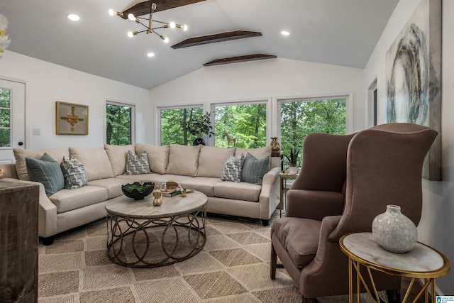 3317 Overton Rd, Mountain Brook, AL 35223 - living area with vaulted ceiling, a chandelier, and recessed lighting
