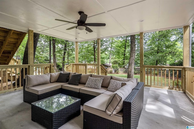 3317 Overton Rd, Mountain Brook, AL 35223 - view of patio / terrace with ceiling fan, an outdoor living space, and view of wooded area