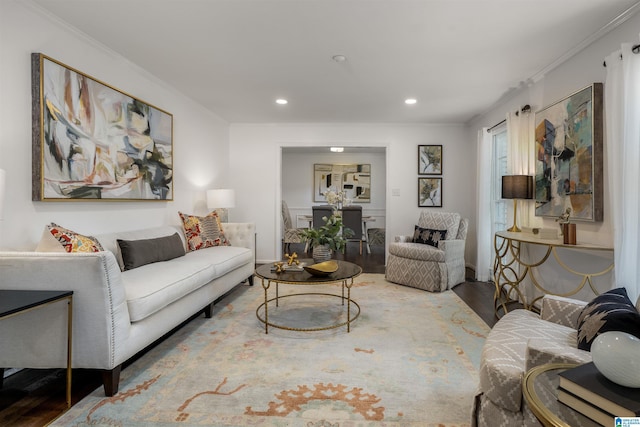 3317 Overton Rd, Mountain Brook, AL 35223 - living area with wood finished floors, crown molding, and recessed lighting