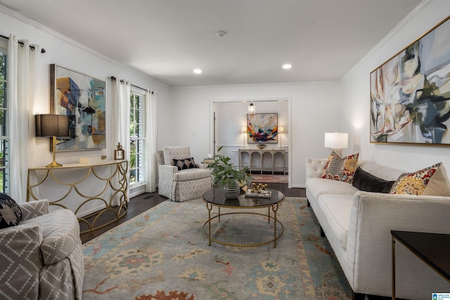 3317 Overton Rd, Mountain Brook, AL 35223 - living room with wood finished floors, ornamental molding, and recessed lighting