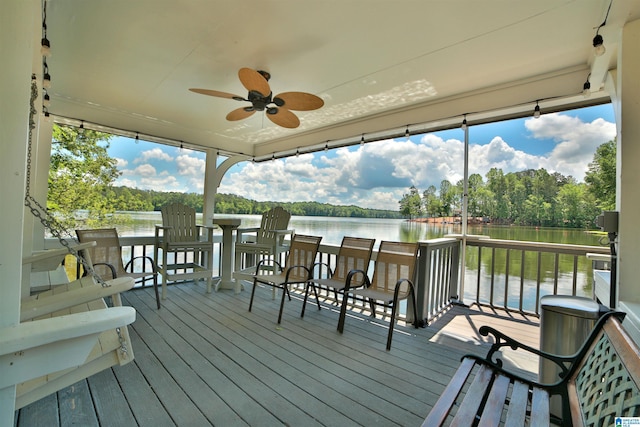 2974 Crescent Crest Dr, Wedowee, AL 36278 - deck featuring a water view, ceiling fan, and view of scattered trees