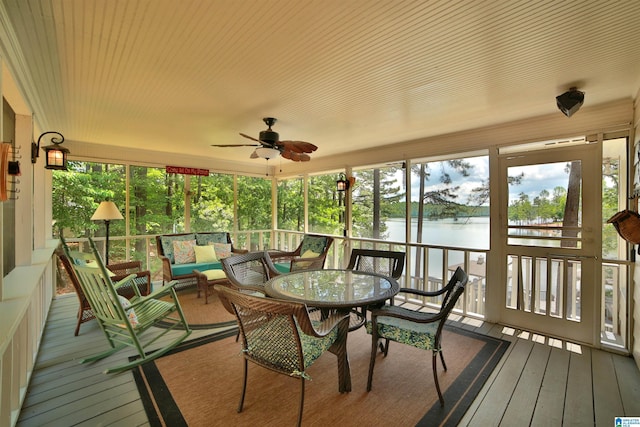 2974 Crescent Crest Dr, Wedowee, AL 36278 - sunroom / solarium with a water view, an outdoor living space, ceiling fan, and healthy amount of natural light