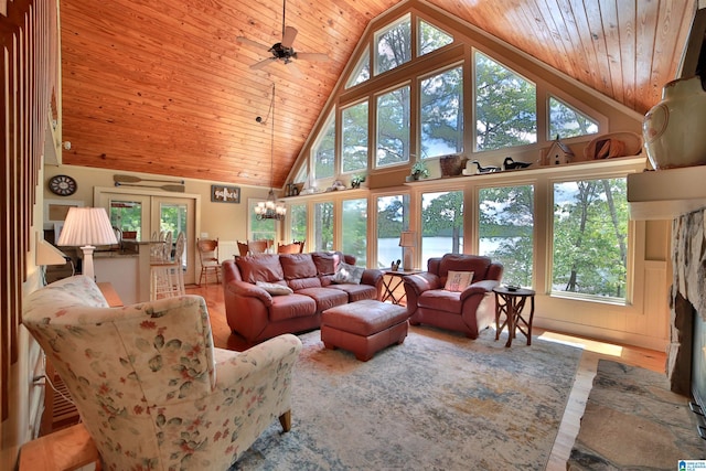 2974 Crescent Crest Dr, Wedowee, AL 36278 - living room featuring wood ceiling, a water view, healthy amount of natural light, high vaulted ceiling, and ceiling fan