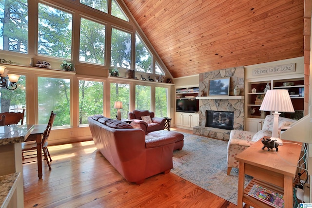 2974 Crescent Crest Dr, Wedowee, AL 36278 - living room with wood ceiling, high vaulted ceiling, healthy amount of natural light, light wood-type flooring, and a stone fireplace