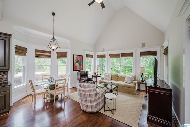 5226 Mountain Ridge Parkway, Birmingham, AL 35222 - living room featuring high vaulted ceiling, dark wood-type flooring, ceiling fan, and baseboards