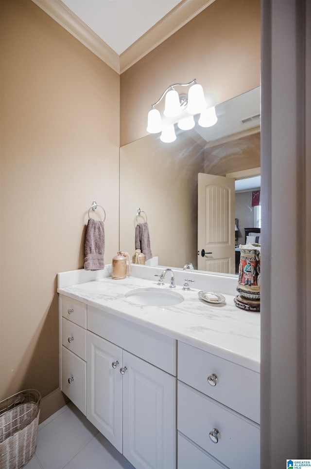 5226 Mountain Ridge Parkway, Birmingham, AL 35222 - bathroom featuring ornamental molding, vanity, tile patterned floors, and a chandelier
