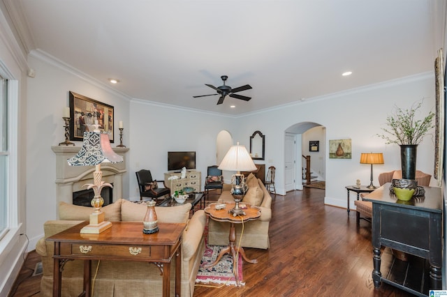 5226 Mountain Ridge Parkway, Birmingham, AL 35222 - living room featuring arched walkways, a ceiling fan, dark wood finished floors, crown molding, and recessed lighting