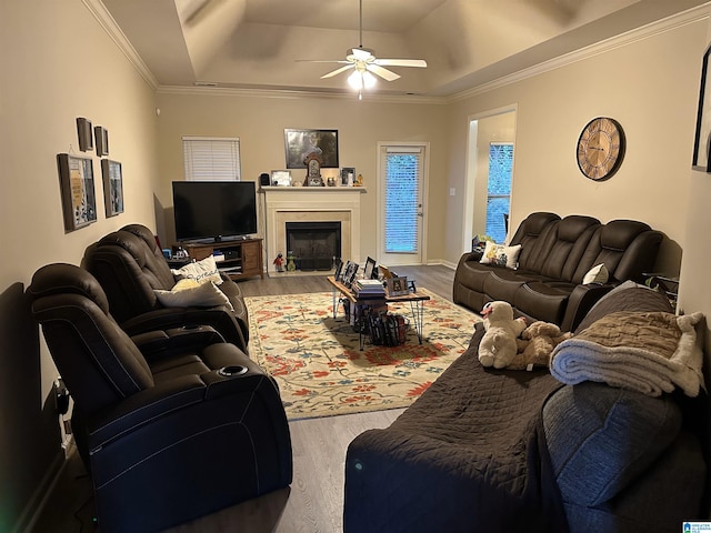 4117 Jubilee Ln, Moody, AL 35004 - living area with a tray ceiling, wood finished floors, a ceiling fan, a glass covered fireplace, and crown molding