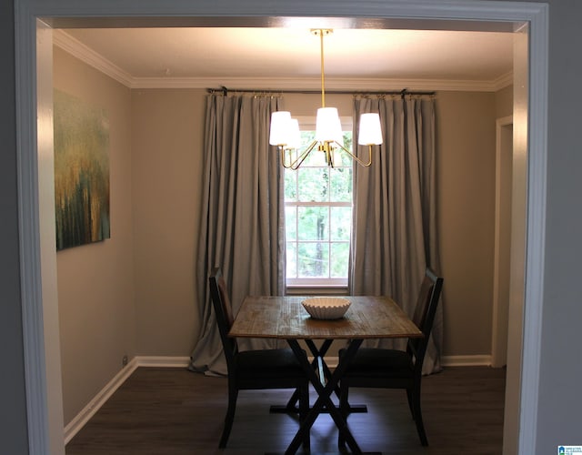 1140 Tribe Trl, Alabaster, AL 35007 - dining area with a chandelier, ornamental molding, wood finished floors, and baseboards
