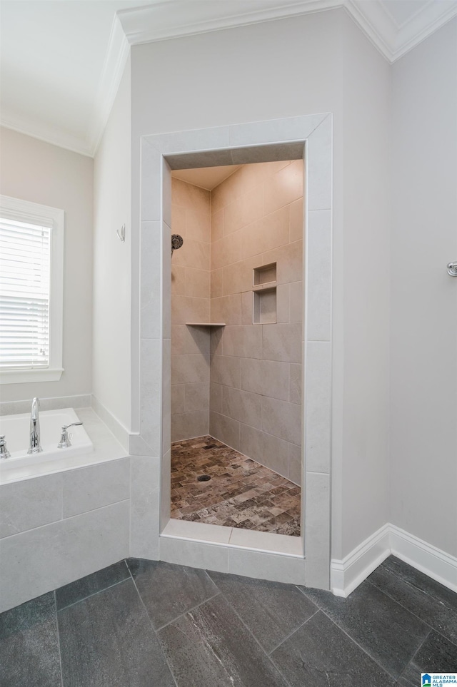 3104 Simms Lndg, Pelham, AL 35124 - full bath featuring ornamental molding, a shower stall, a garden tub, and tile patterned floors