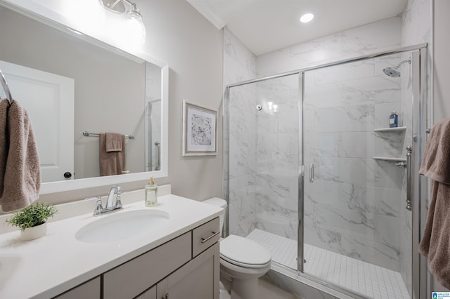 3104 Simms Lndg, Pelham, AL 35124 - bathroom featuring toilet, vanity, a shower stall, and recessed lighting