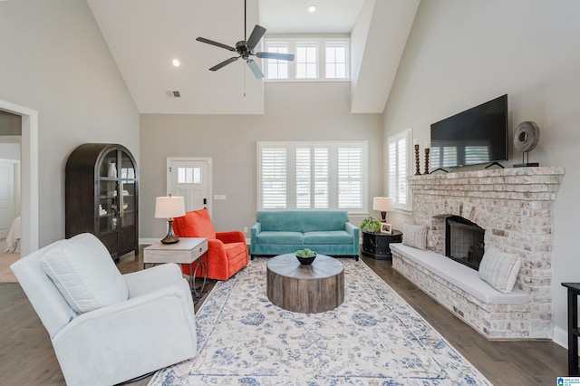 3104 Simms Lndg, Pelham, AL 35124 - living room with high vaulted ceiling, a ceiling fan, healthy amount of natural light, a fireplace, and recessed lighting