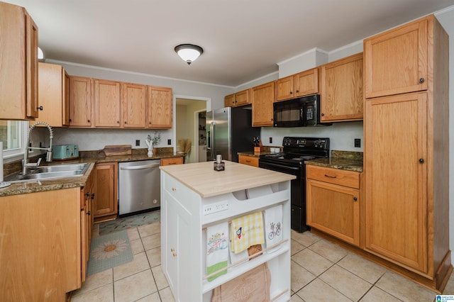 4669 Burning Tree Ln, Pelham, AL 35124 - kitchen with black appliances, light tile patterned flooring, a sink, open shelves, and crown molding