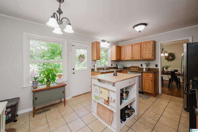 4669 Burning Tree Ln, Pelham, AL 35124 - kitchen featuring dishwasher, a chandelier, open shelves, light tile patterned flooring, and a sink
