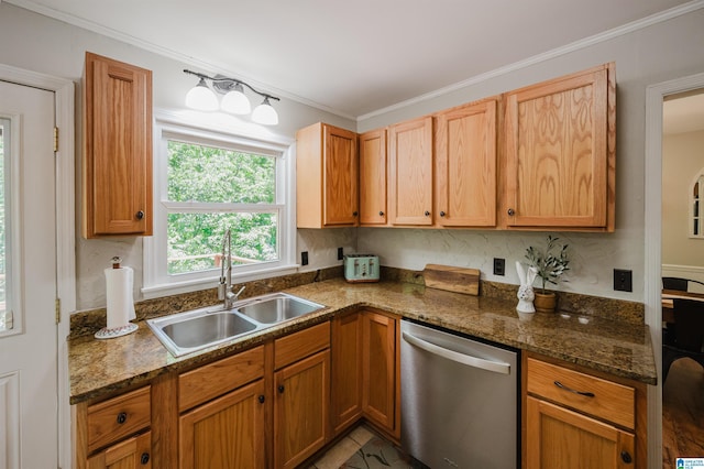 4669 Burning Tree Ln, Pelham, AL 35124 - kitchen featuring stainless steel dishwasher, a sink, ornamental molding, and dark stone countertops