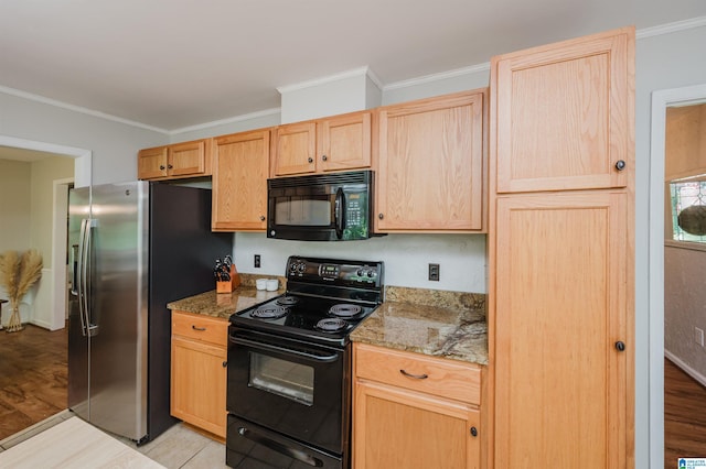 4669 Burning Tree Ln, Pelham, AL 35124 - kitchen featuring black appliances, ornamental molding, light brown cabinets, stone counters, and light wood-style floors
