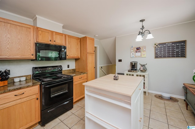 4669 Burning Tree Ln, Pelham, AL 35124 - kitchen with black appliances, light tile patterned floors, a chandelier, ornamental molding, and decorative light fixtures