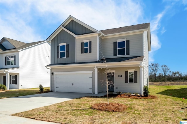 2017 Valley Run, Leeds, AL 35094 - view of front facade with board and batten siding, an attached garage, driveway, and a front lawn