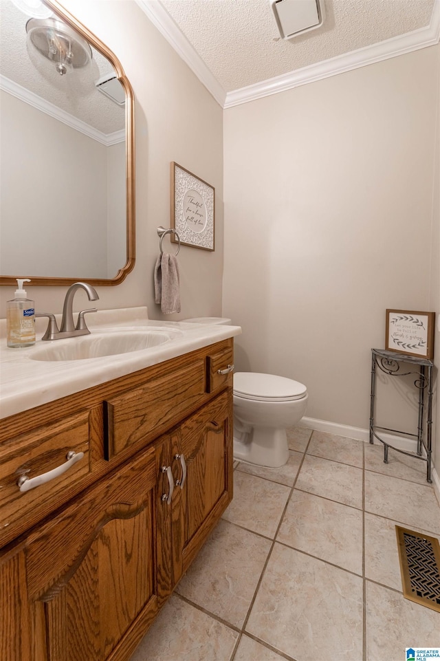 95 River Oaks Ln, Cropwell, AL 35054 - bathroom featuring vanity, a textured ceiling, toilet, ornamental molding, and tile patterned flooring