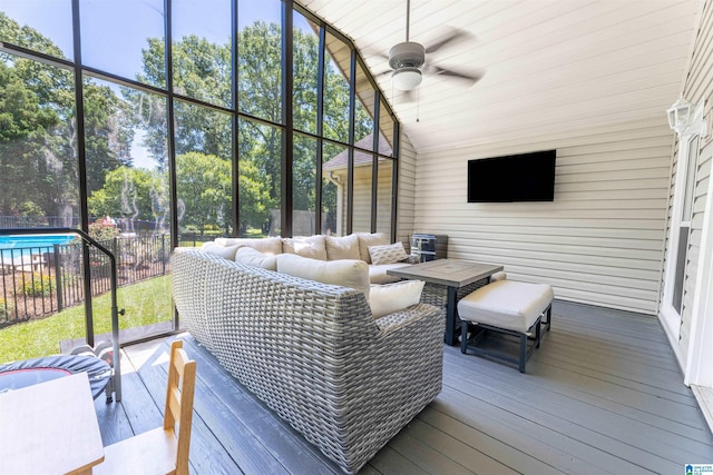 95 River Oaks Ln, Cropwell, AL 35054 - sunroom featuring a ceiling fan, an outdoor hangout area, healthy amount of natural light, and lofted ceiling