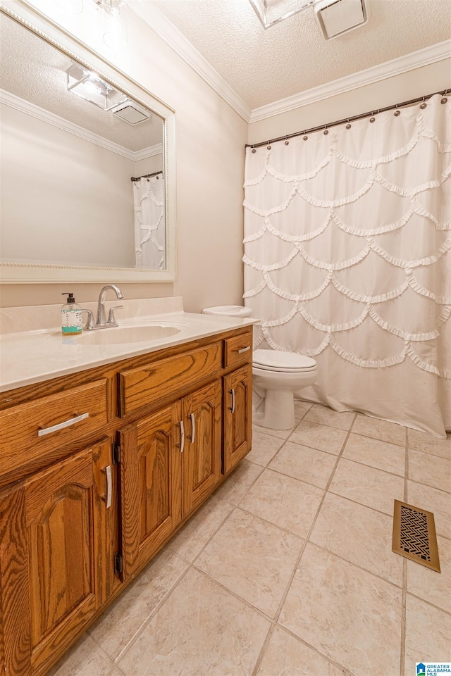 95 River Oaks Ln, Cropwell, AL 35054 - full bathroom featuring vanity, toilet, crown molding, a textured ceiling, and tile patterned floors