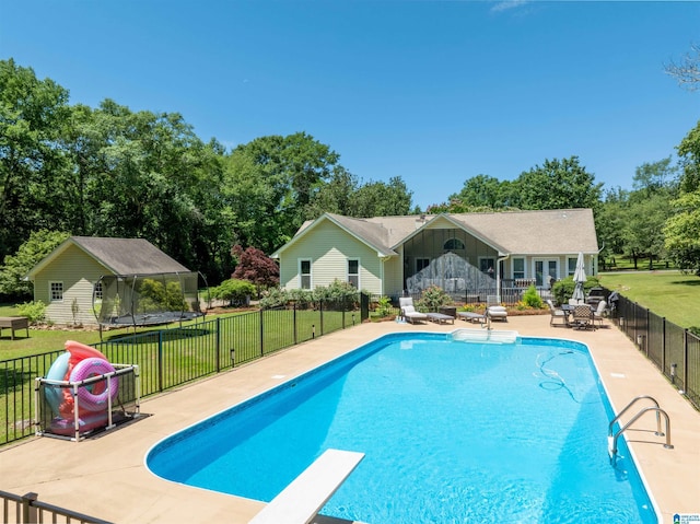 95 River Oaks Ln, Cropwell, AL 35054 - view of swimming pool with a diving board, a patio area, and view of wooded area