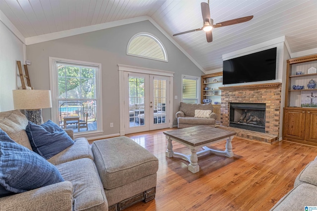 95 River Oaks Ln, Cropwell, AL 35054 - living room with vaulted ceiling, a fireplace, a ceiling fan, light wood-style flooring, and wood ceiling