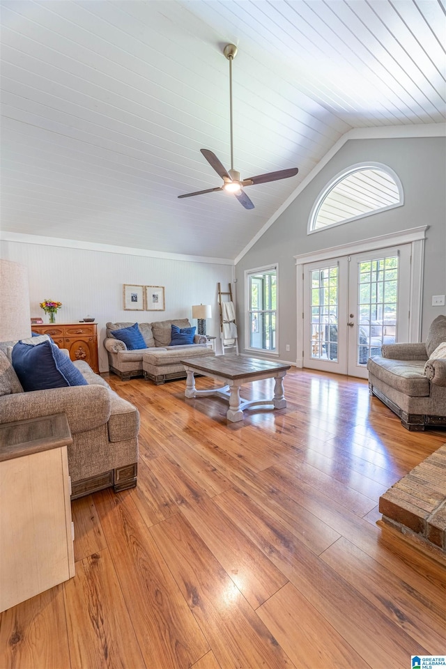 95 River Oaks Ln, Cropwell, AL 35054 - living room with french doors, vaulted ceiling, light wood finished floors, and ceiling fan