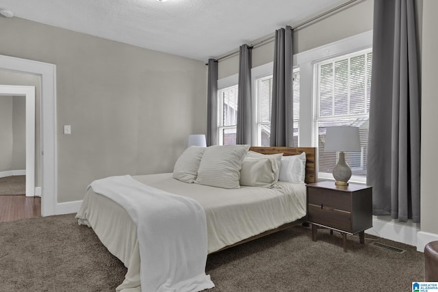 carpeted bedroom featuring multiple windows, baseboards, and a textured ceiling