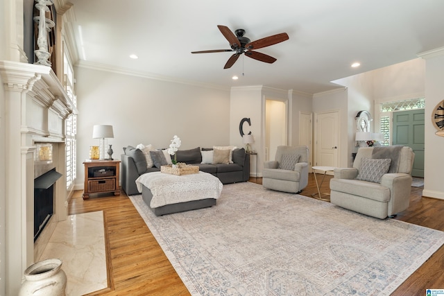 1048 Eagle Hollow Dr, Birmingham, AL 35242 - bedroom with a premium fireplace, light wood-style flooring, multiple windows, crown molding, and recessed lighting