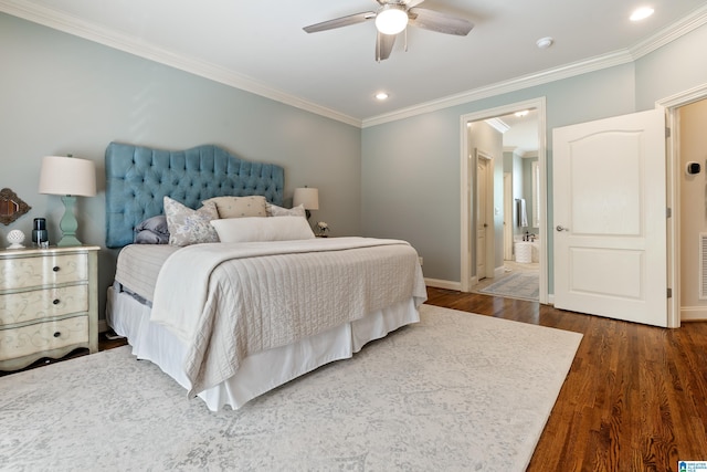 1048 Eagle Hollow Dr, Birmingham, AL 35242 - bedroom featuring wood finished floors, ornamental molding, baseboards, recessed lighting, and connected bathroom