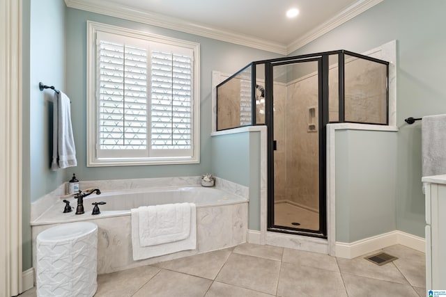 1048 Eagle Hollow Dr, Birmingham, AL 35242 - bathroom featuring a garden tub, a shower stall, healthy amount of natural light, and ornamental molding